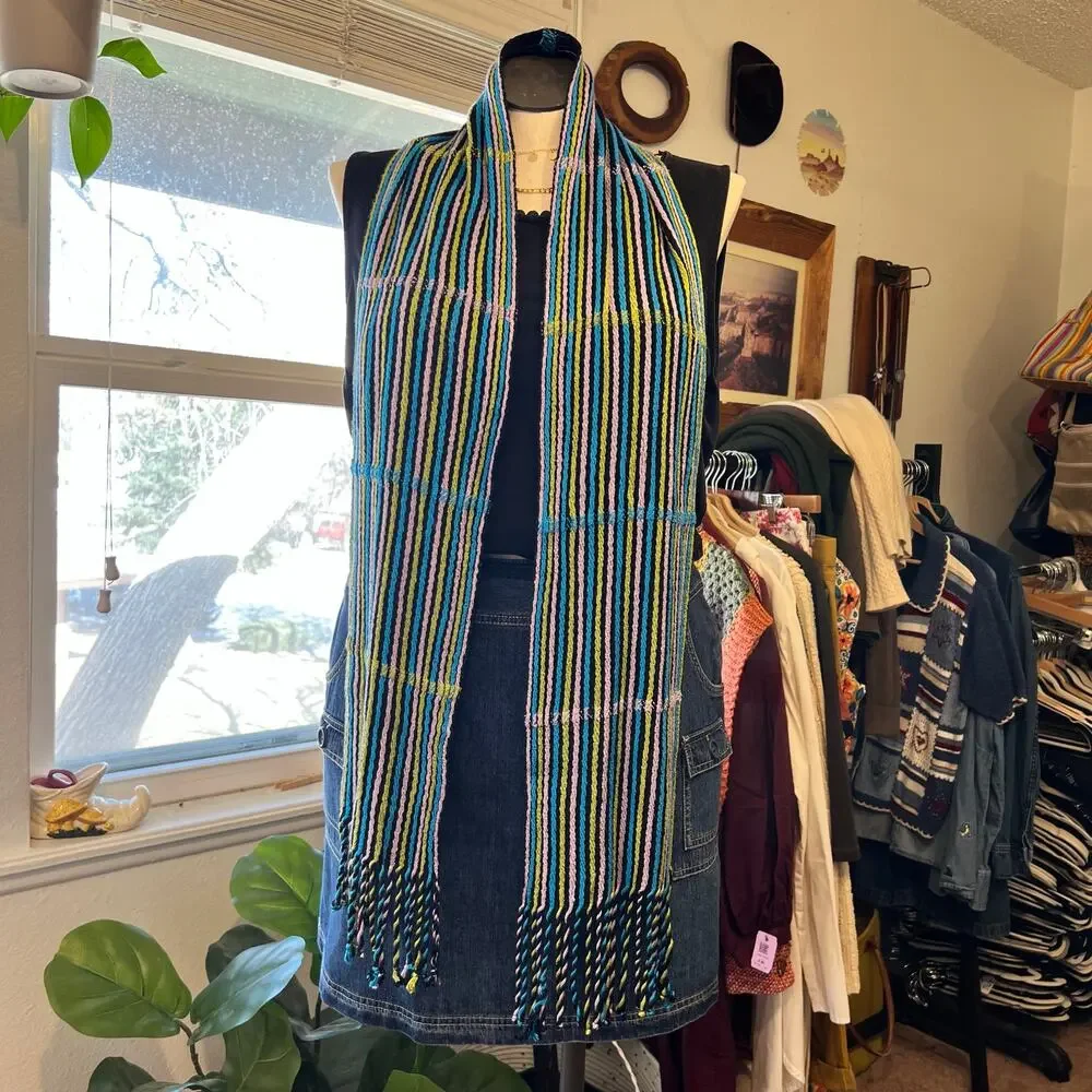 Y2K Blue, Purple, Green Striped Scarf with Fringe Trim Soft Woven Knit
